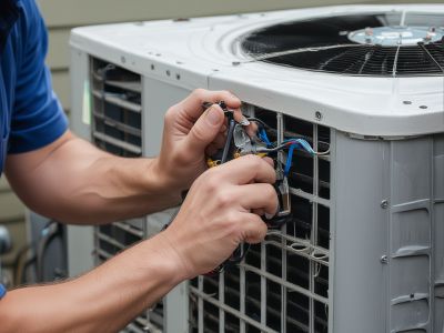 Professional AC technician repairing air conditioning unit