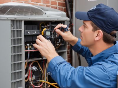 Furnace repair technician working on heating system