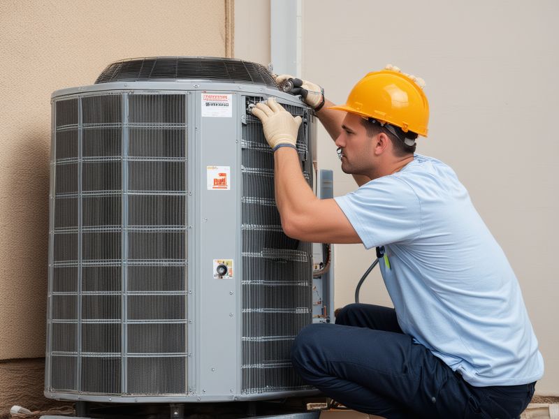 Professional HVAC technician installing air conditioning system