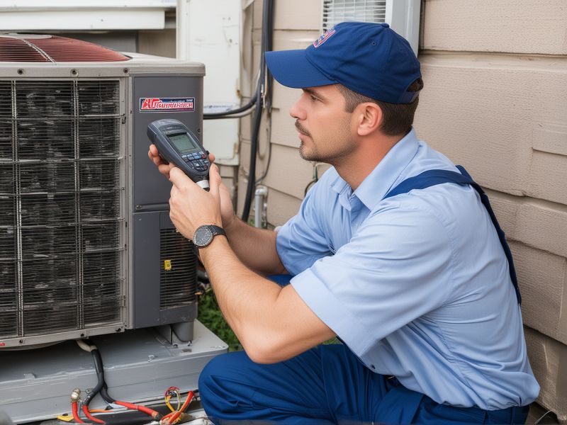 Professional HVAC technician performing diagnostic testing on air conditioning system
