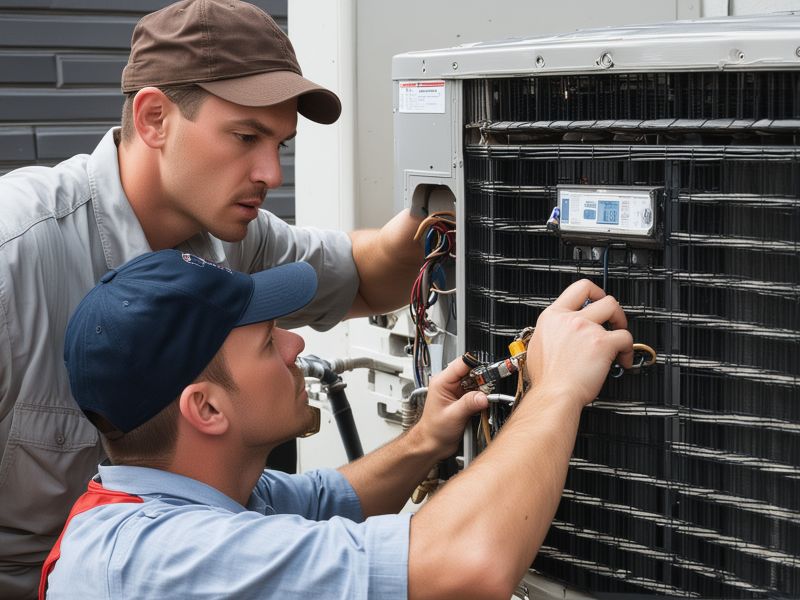 HVAC technician performing maintenance on air conditioning system